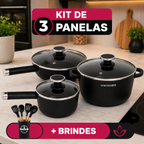 Conjunto Completo de 3 Panelas em Aço Inox Antiderrapante com Cabo de Madeira + BRINDE: Kit de Utensílios de Cozinha
