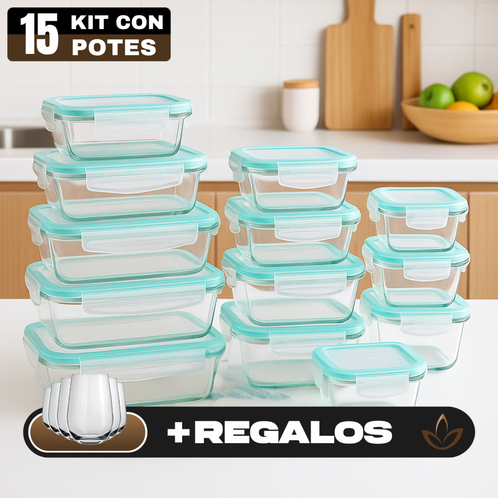 Kit con 15 Frascos Herméticos de Vidrio + 10 Vasos de Vidrio Aruba [¡ÚLTIMAS UNIDADES EN STOCK!]